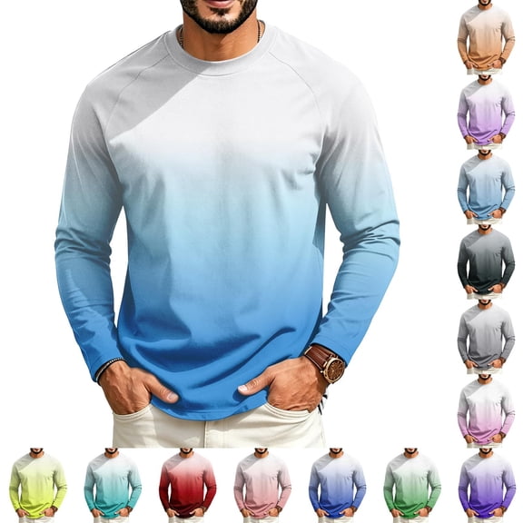OIOLOYJM Mens T-Shirts Casual Cotton Long-Sleeve Crew Neck Gradient Hiking Sport Tee Shirts Basic Breathable Gym Clothes Sky Blue L
