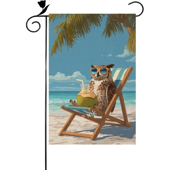 Summer Beach Vacation Owl Garden Flag, Double Sided Linen Burlap Yard Flag, 12 x 18 Inch, Seasonal Outdoor Lawn Porch Garden Home Decoration