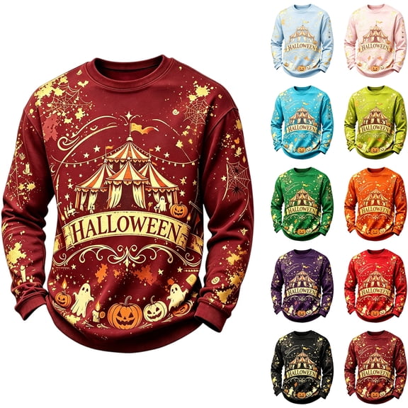 Mens Retro Autumn Carnival Halloween Candle Maple Leaf Graphic Cotton Blend Crewneck Sweatshirt Fall Festival Casual Long Sleeve Pullover Pink 4XL