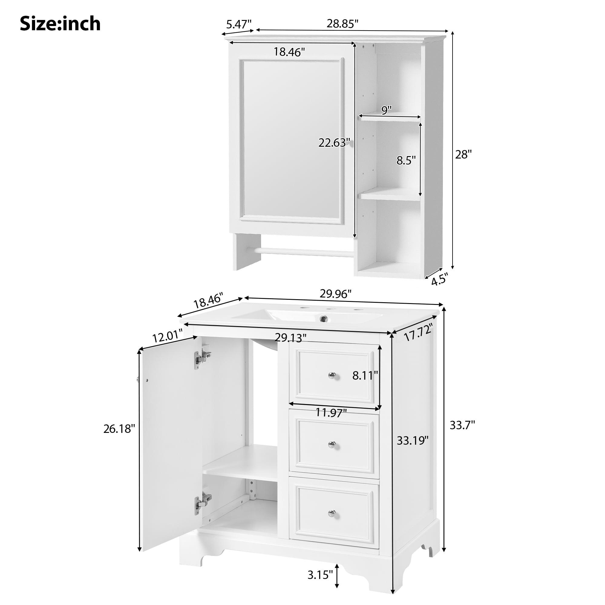 EUROCO 30" Bathroom Vanity with Resin Sink and Mirror Cabinet,Modern Bathroom Sink Cabinet with Adjustable Storage Shelves,Towels Bar and 3 Drawers,Solid Wood Frame Bathroom Vanities