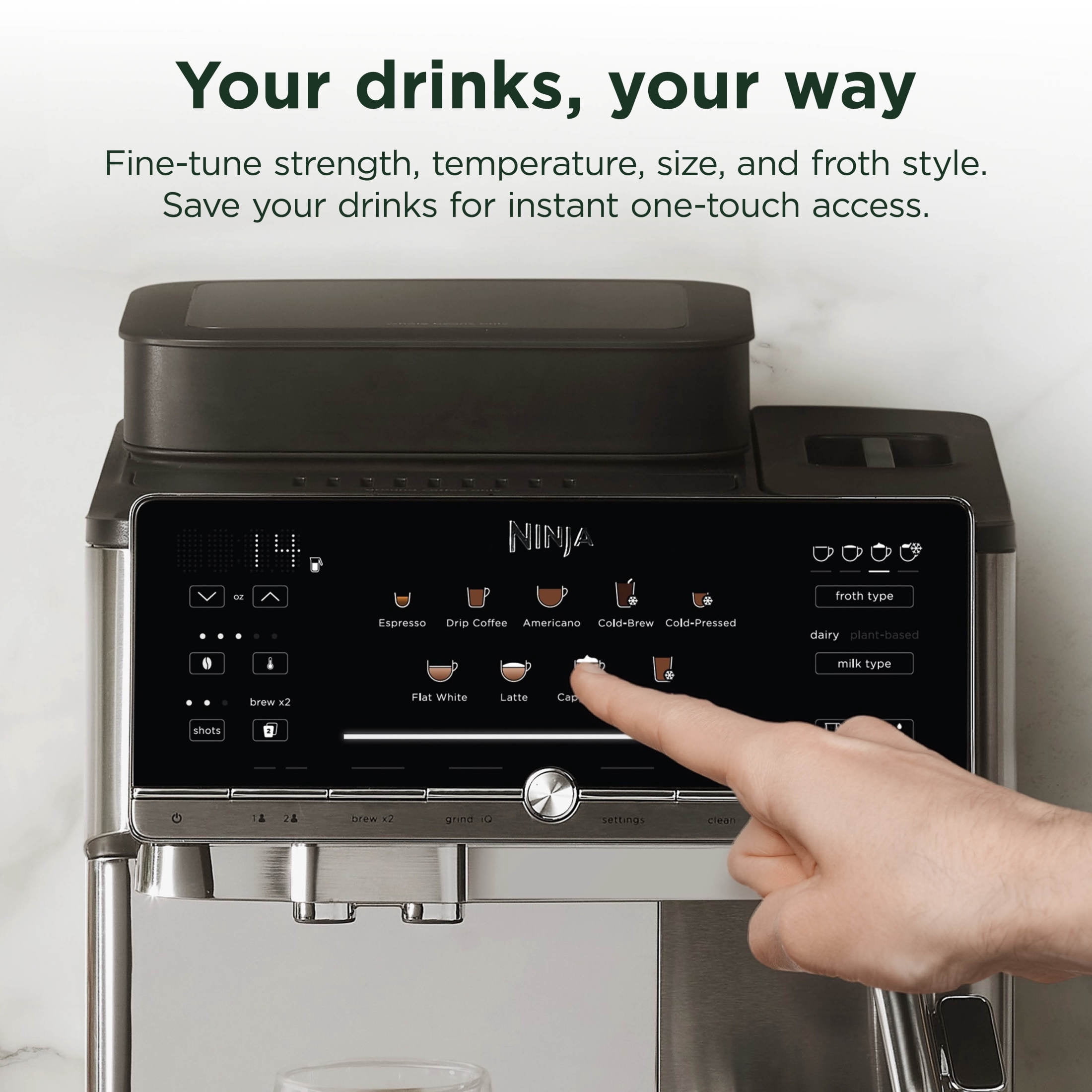 Ninja AutoBarista Fully Automatic Espresso Machine, 10 One Touch Hot & Iced Drink Options, Built-in Coffee Grinder, Milk Frother, Easy Self-Clean, Latte, Cappuccino, Cold Brew, AE1001