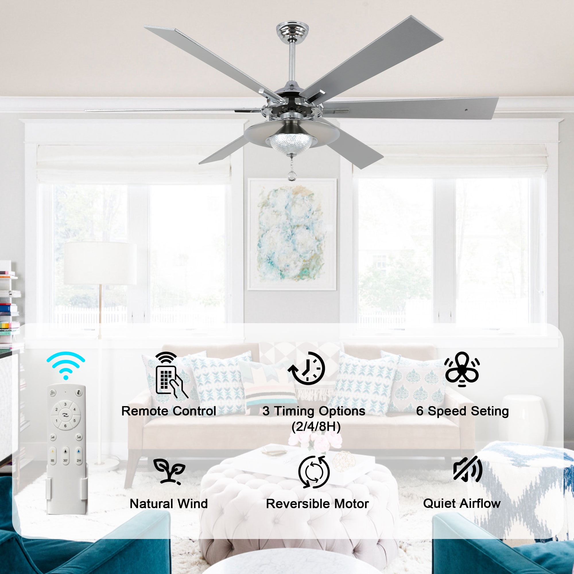 Bella Depot 72" Modern LED Ceiling Fan 6-Speed Reversible Chandelier With Dimmable Light and Remote Control