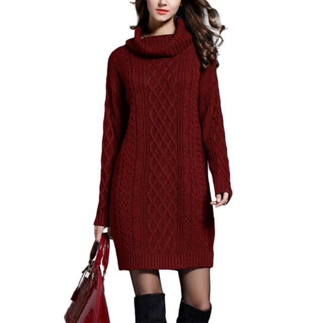 Fashnice Robe Chandail pour Femmes, Mini Robe à Enfiler, Col Roulé, Ample et Chaude, Bordeaux 2TG