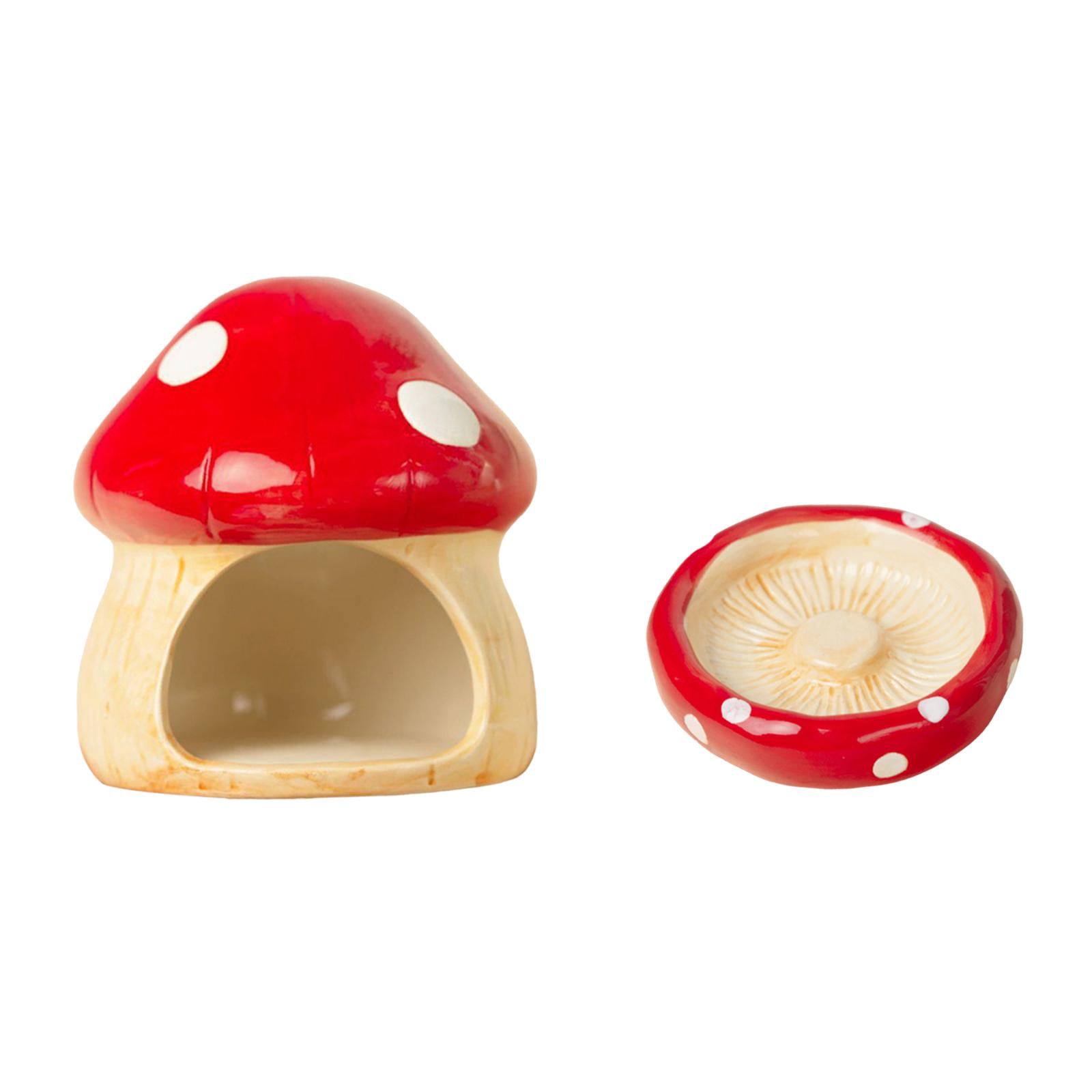 EHJRE Ceramic Hamster House Small Animal Hideout Cave Indoor with Food Feeding Bowl Mushroom Shaped for Hedgehog Small Animals Rats Red