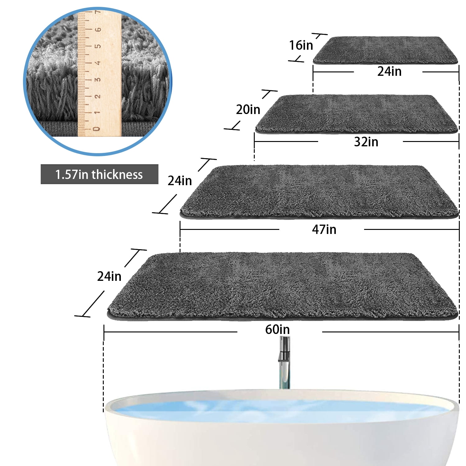 Large Gray Bathroom Rugs, 24"×47" Absorbent Shaggy Shower Mat, Microfiber Bath Mats for Bathroom, Luxury Bathroom Floor Mats Rubber Back