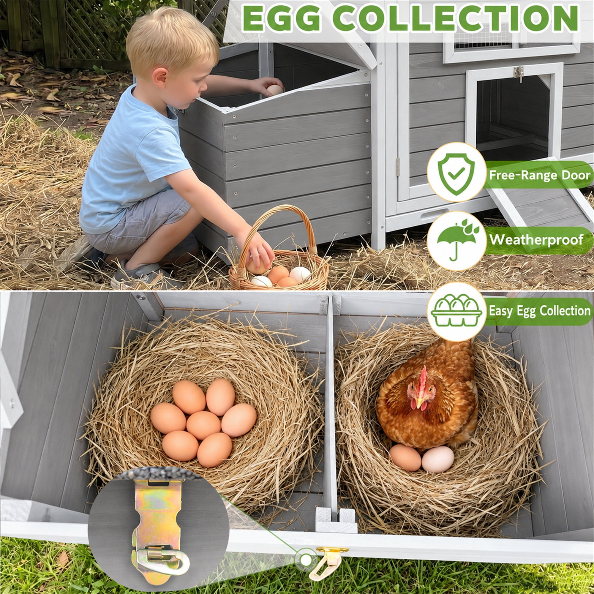 Aukfa 114" Large Chicken Coop Wood Chicken Run Cage w/ Nest Box and Pull-on Tray for Outdoor, Backyard, Gray