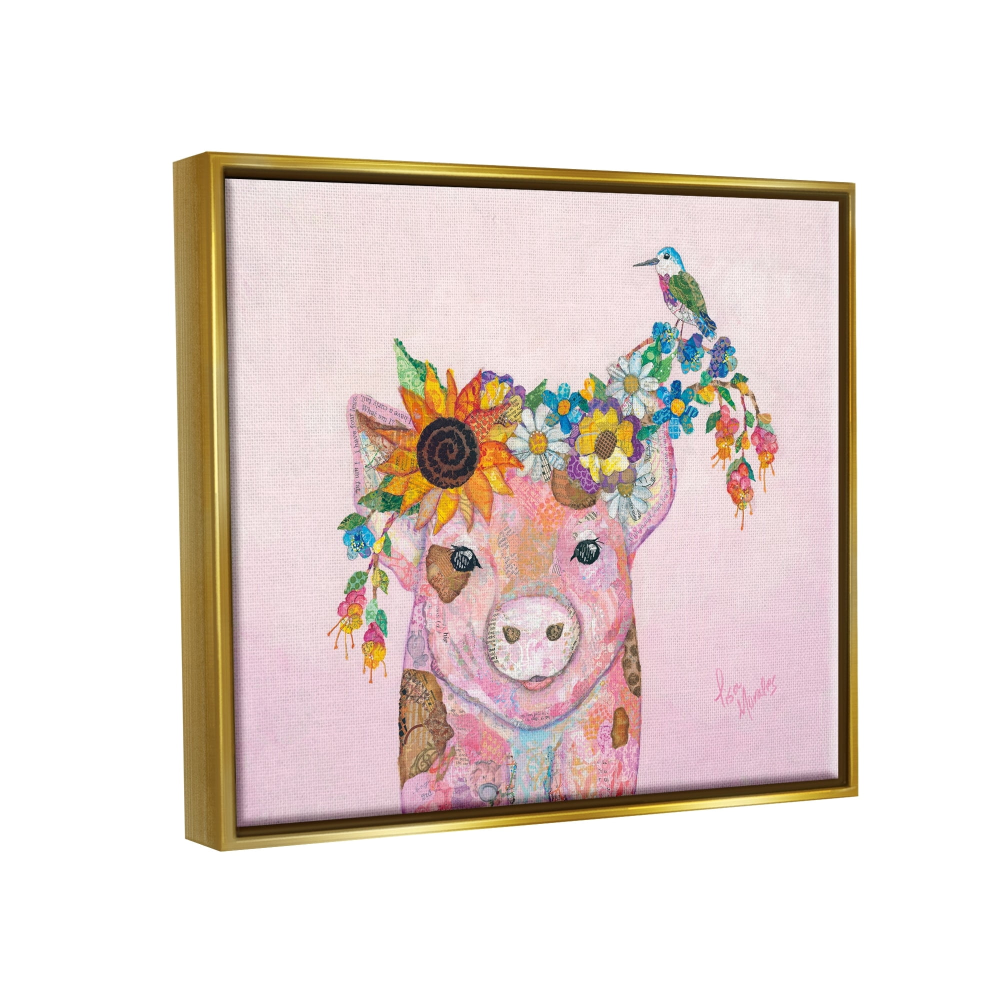 Stupell Industries Floral Pink Little Piggy & Bird Animal Collage Painting Metallic Gold Floating Framed Canvas Print Wall Art, Design by Lisa Morales