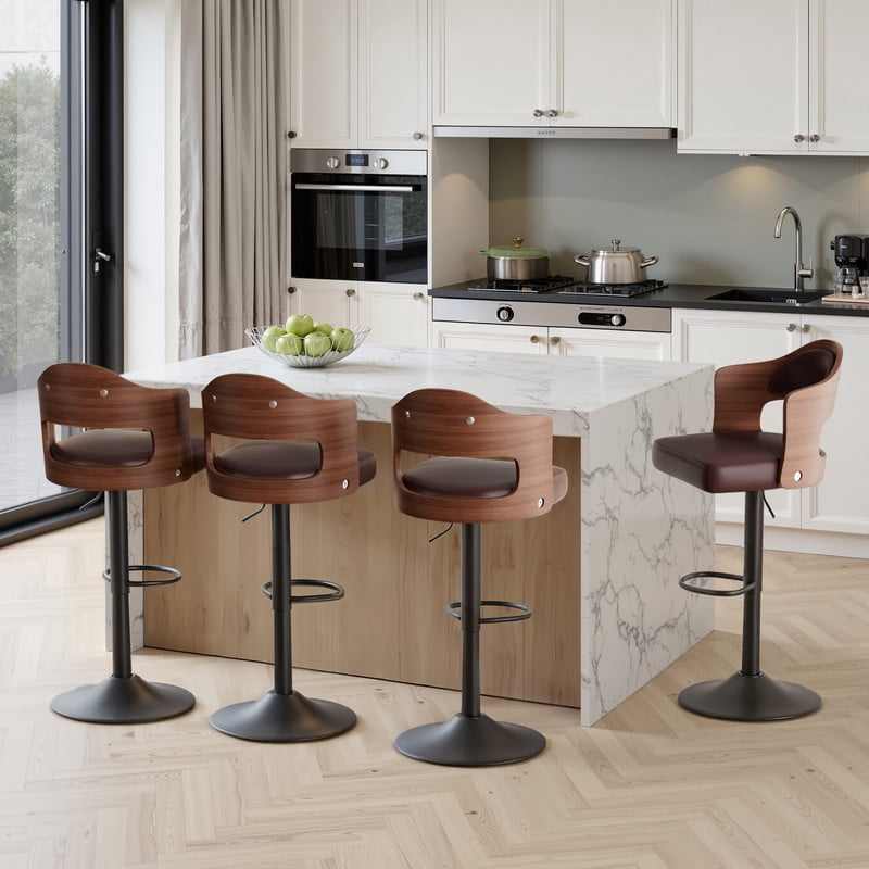 Daluvenix Swivel Bar Stools Set of 4, Wooden Kitchen Bar Chairs with Back, PU Leather Counter Height Barstools for Kitchen Island, Brown
