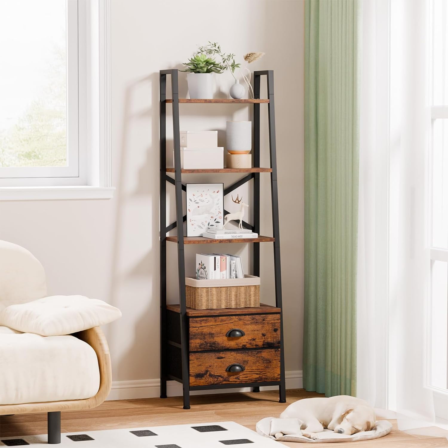 4 Tier Ladder Shelf Small Bookshelf 2 Drawers Vertical Bookcase Storage Rack Organizer Display Bookshelves Living Room Bedroom Bathroom Home Office K