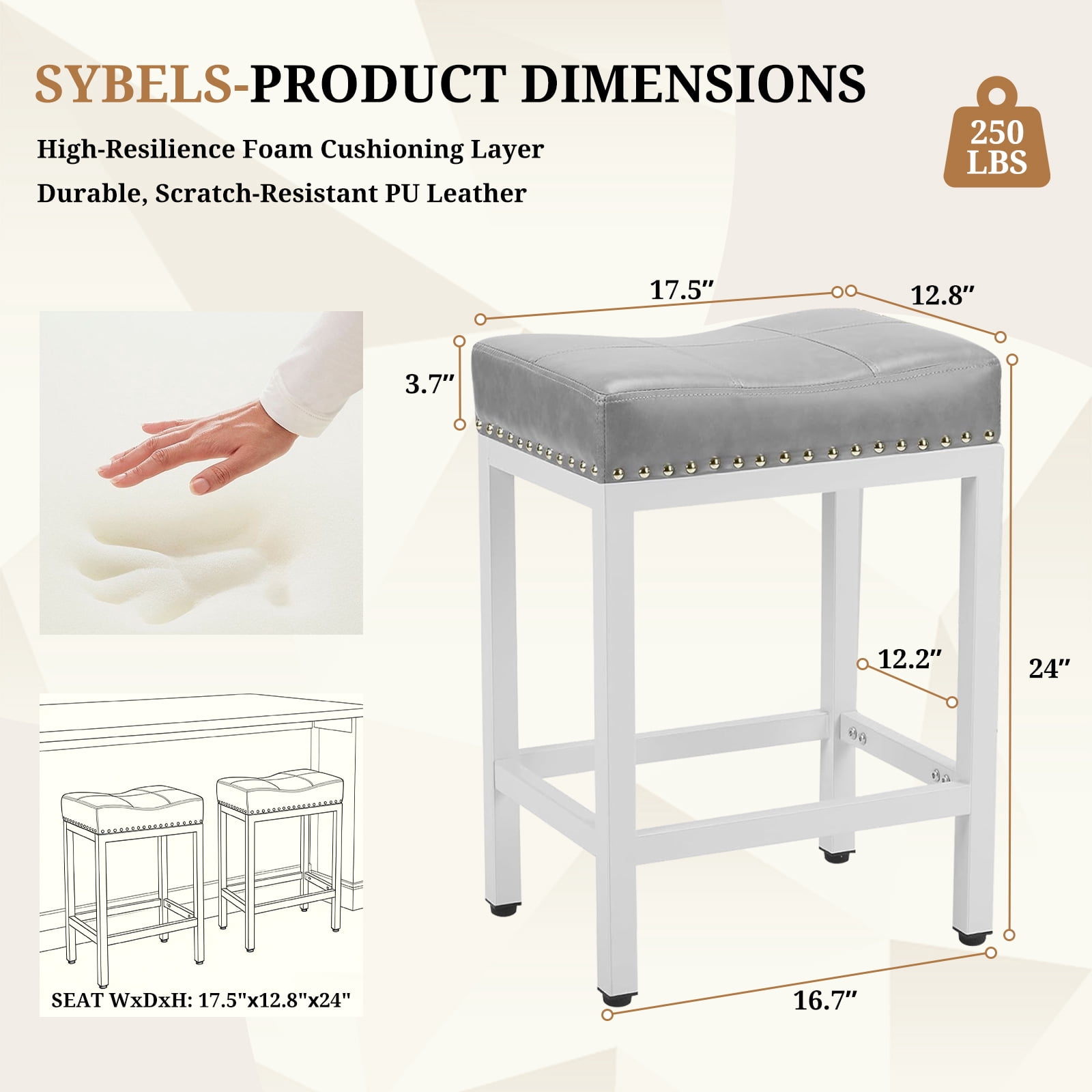 Sybels 24" Saddle Bar Stools (Set of 2) - PU Leather Counter Stools with Footrest for Kitchen Island, Cafe，Gray