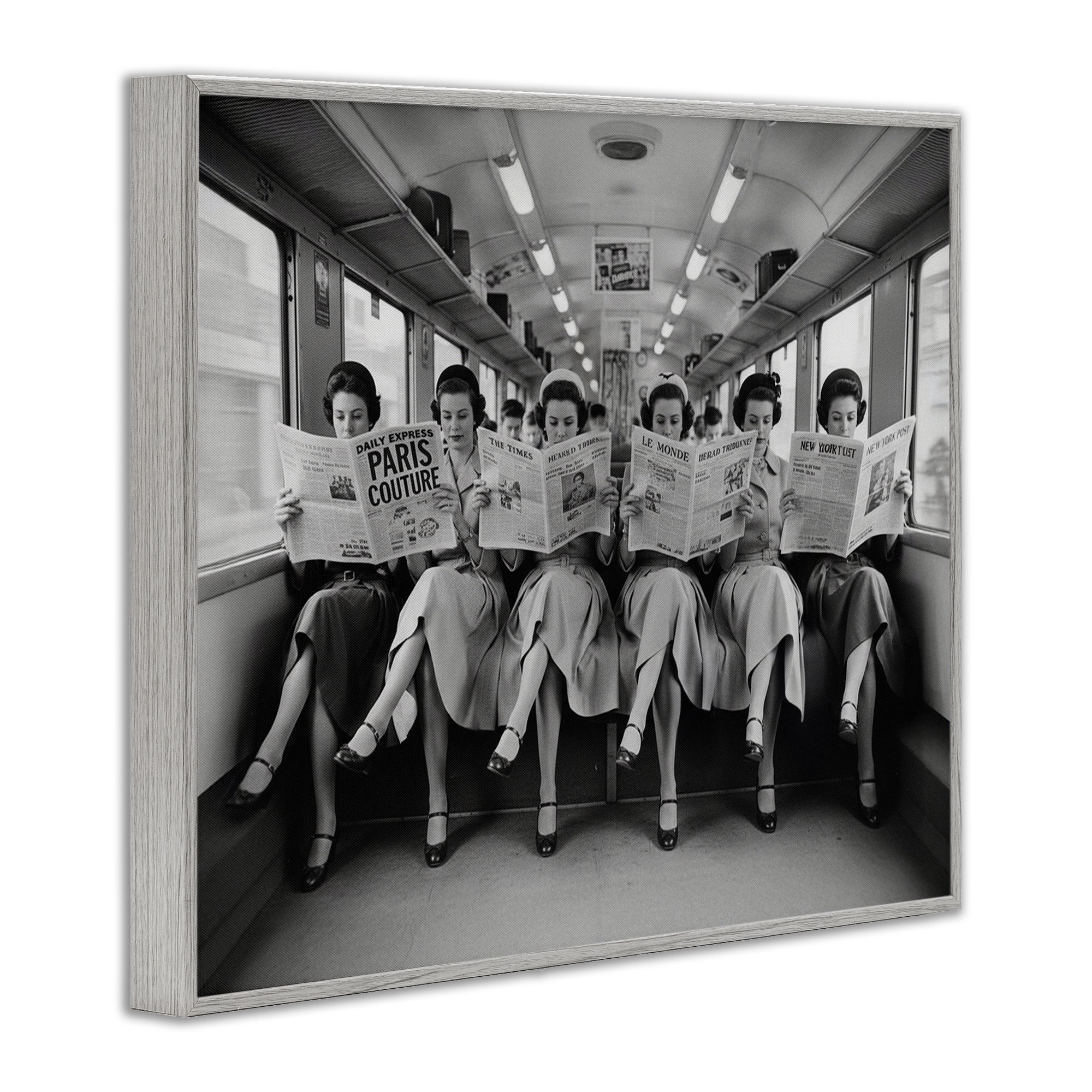 Stupell Industries Newsprint Ladies on Train Gray Framed Giclee Art, design by A Barefoot Stylist
