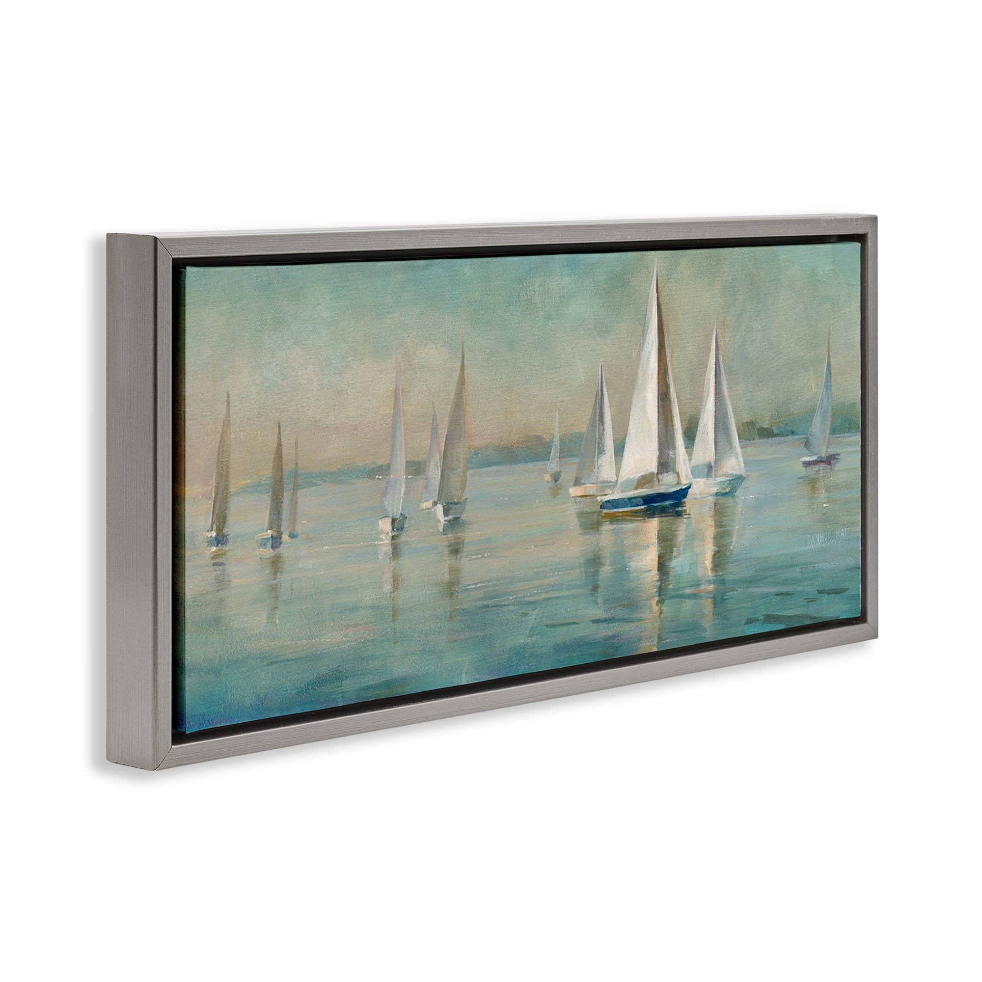Stupell Industries Panoramic Sailing at Sunrise Nautical & Beach Painting Gray Floater Framed Canvas Art Print Wall Art, 25 x 11