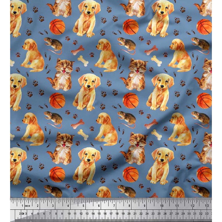  Soimoi Blue Polyester Crepe Fabric Cat Animal Print