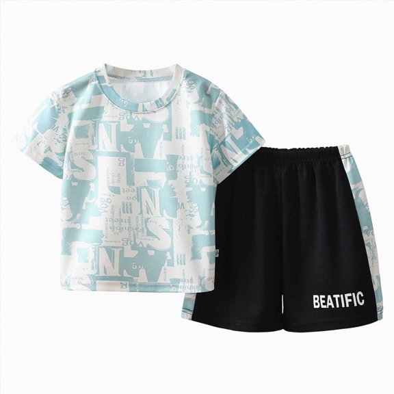 Xudanell Boys Summer Clothes Size 6-8 Cute Cartoon Print Short Sleeve Sports Athletic Short Sets T Shirt Shorts 2 Piece Outfits (Green, 3-4 Years)