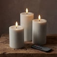 thumbnail image 2 of WYZworks Fluted Ribbed LED Pillar Candles, Loden Green, with Realistic Reflective Melted-Wax Effect – Flickering Flame, Remote, Dimmable, Flameless, Battery Operated, Home & Wedding Decor (Set of 3), 2 of 15