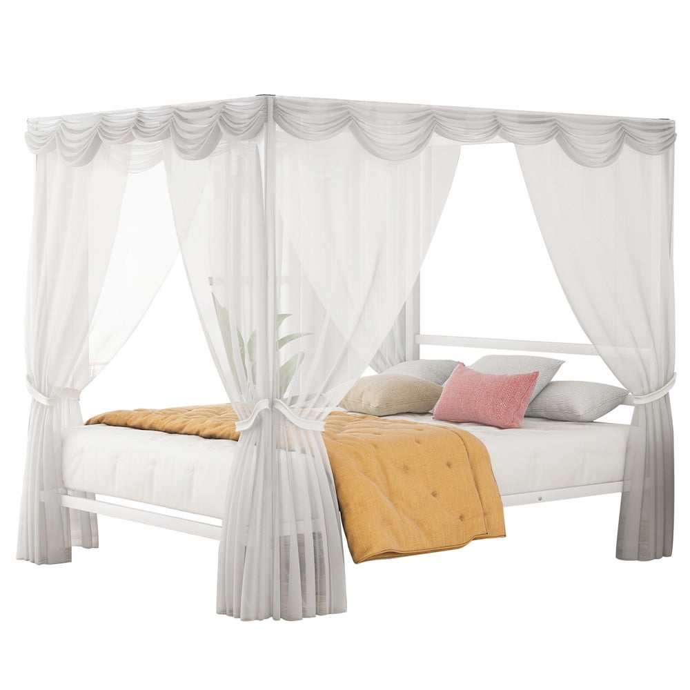 Platform Bed Metal Frame Platform Bed with Curtains Canopy Bed Queen