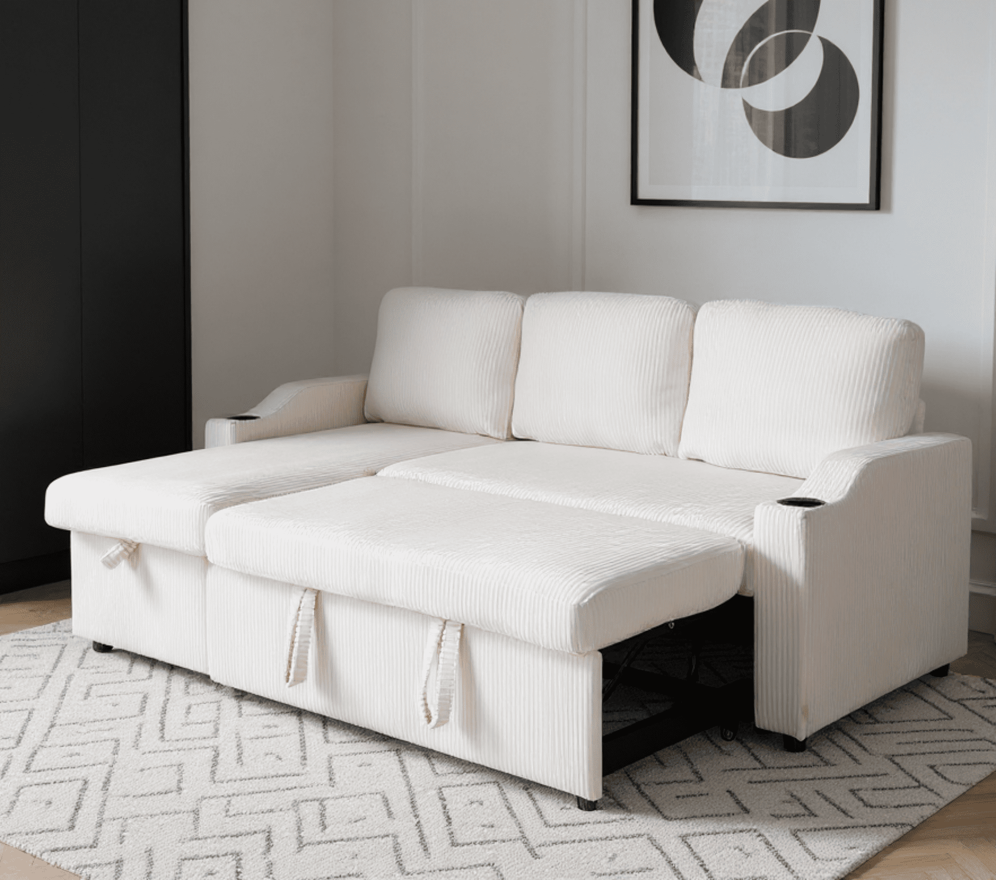 Gewnee Pull Out Sofa Bed,3 In 1 Sleeping and Seating Sofa with Storage Function,with Corduroy Fabric L-shaped Sofa,Suitable for Living Room,Bedroom and Apartment（Beige)