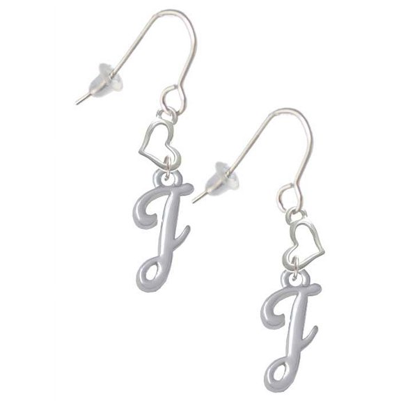 Silvertone Small Gelato Script Initial - J - Heart French Earrings