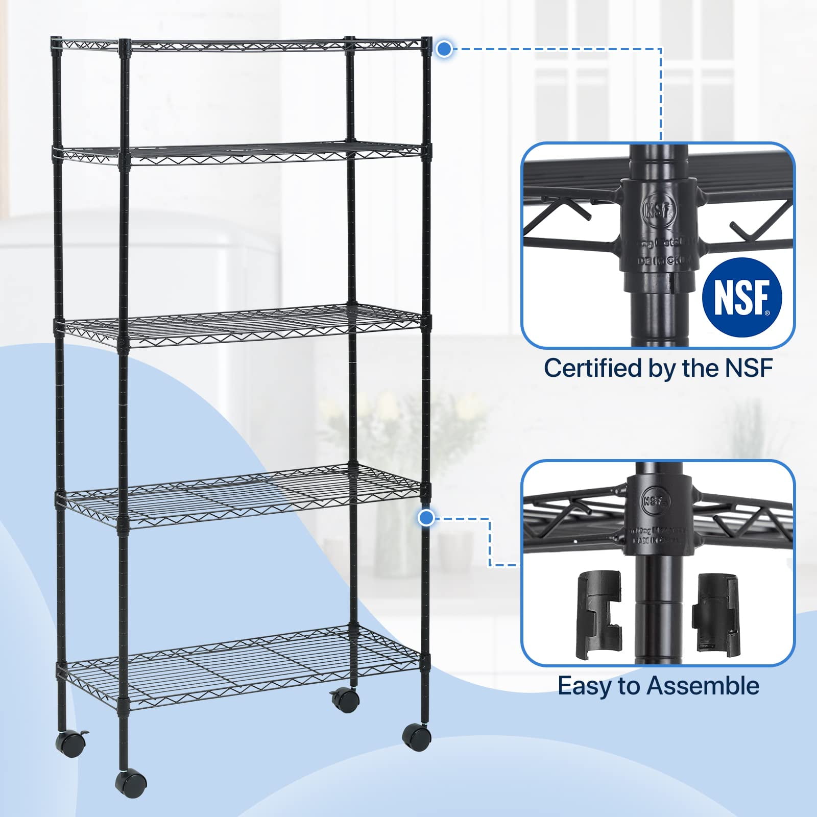 NiamVelo Storage Shelves 5-Tier Wire Shelving Unit with Wheels ,  Adjustable  Metal Shelves Heavy Duty NSF Garage Shelves  750 lbs Capacity (Black)