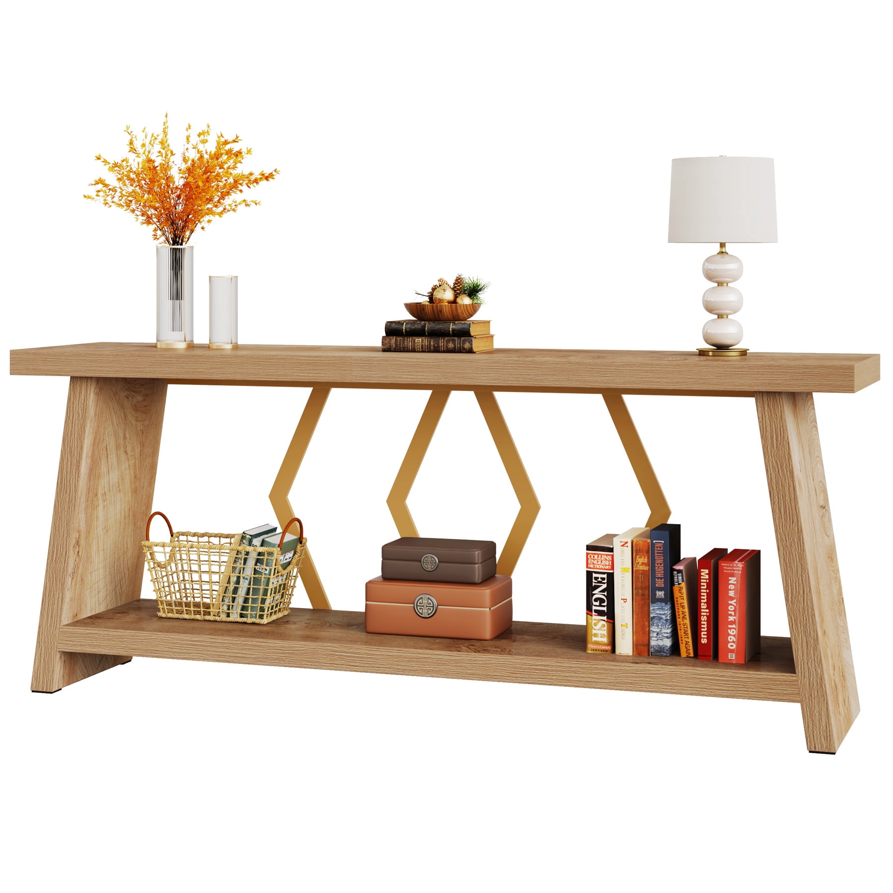 Fnova 70.86" Farmhouse Console Table for Entryway, 2-Tier Storage Long Narrow Wood Entryway Sofa Table, Easy Assembly, for Living Room Staircase Hallway Decor