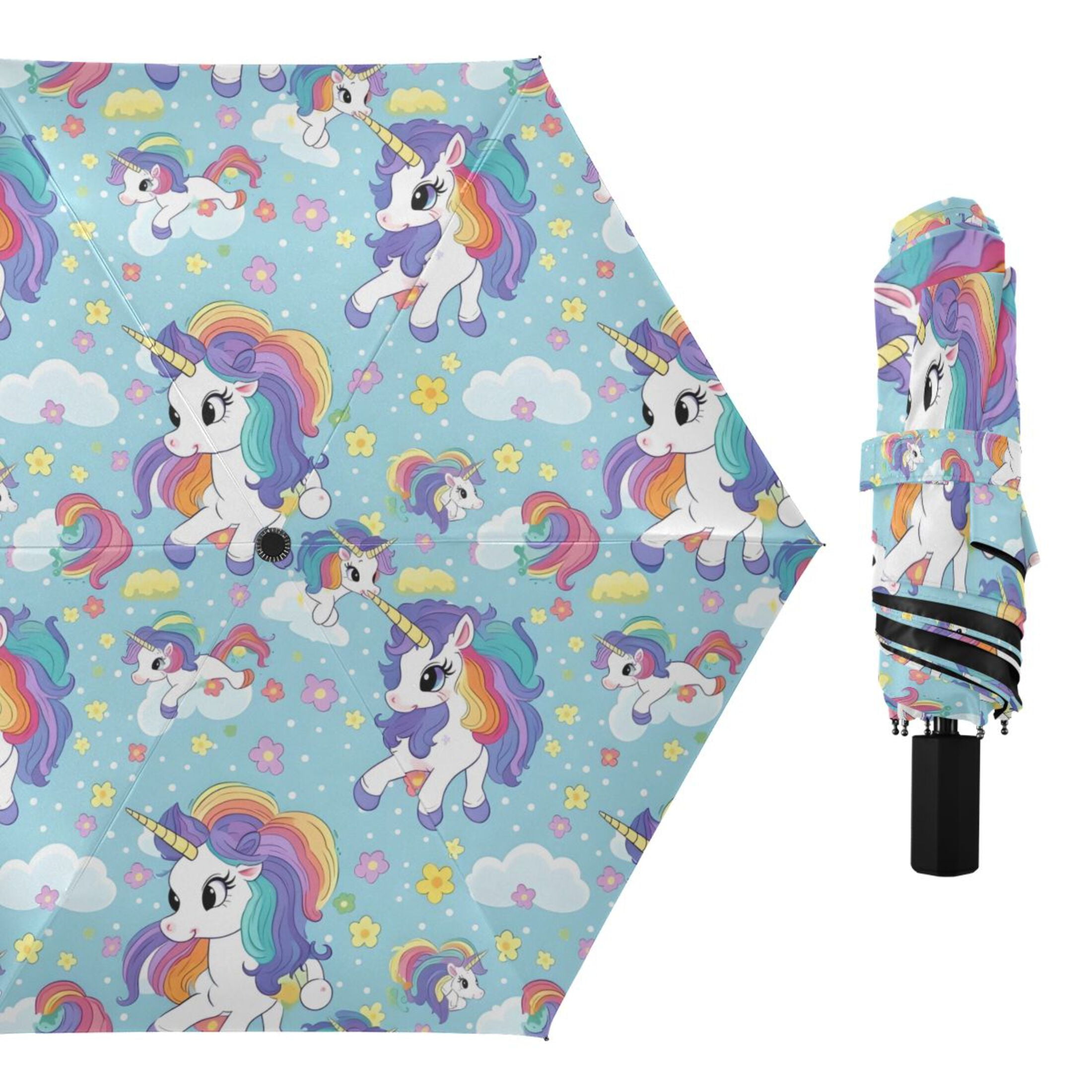 Cute Unicorns Compact Folding Umbrella for Rain Windproof Travel Umbrella UPF 50+ Lightweight Packable Arc Size