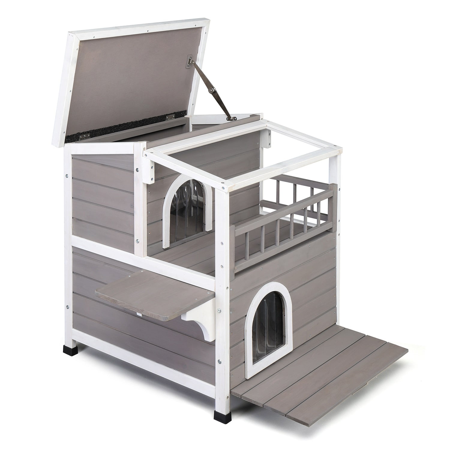 Pefilos 30" Wooden Cat House 2-Story Indoor Outdoor Luxurious Cat Shelter with Transparent Canopy, Double Escape Door Pet House, Gray Pefilos 30" Wooden Cat House 2-Story Indoor Outdoor Luxurious Cat Shelter with Transparent Canopy, Double Escape Door Pet House, Gray