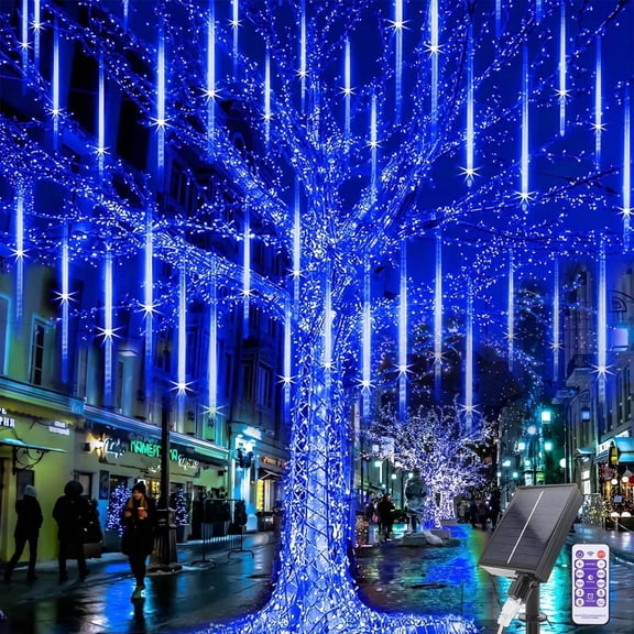 Rirool Blue Solar Meteor Shower Lights, 20 in 8 Tube 288 LED Raindrop Icicle Lights with Remote Timer, Waterproof Outdoor Winter Pool Patio Christmas Yard Tree Decor for Holiday Party Home