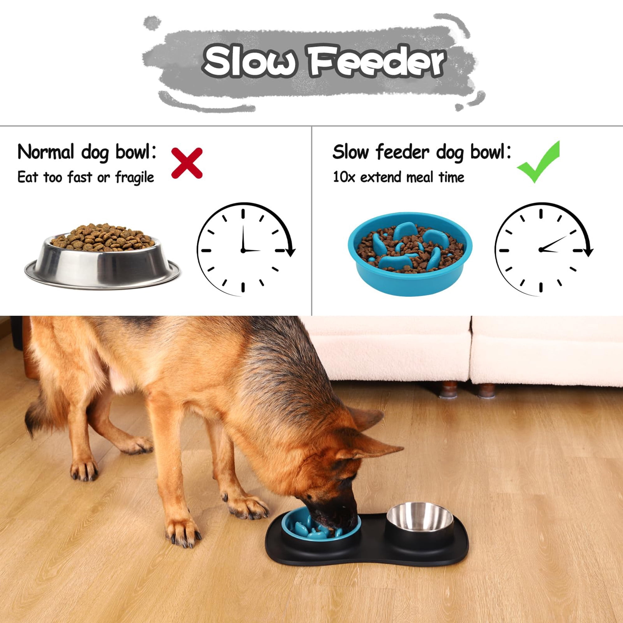 Slow Feeder Dog Bowl Set, 3 in 1 Stainless Steel Water Bowl with Non Spill Silicone Mat, Choking Pet Dishes for Small Medium Large Breed Dogs Cats, Easy to Clean, Space Saing Design, Black