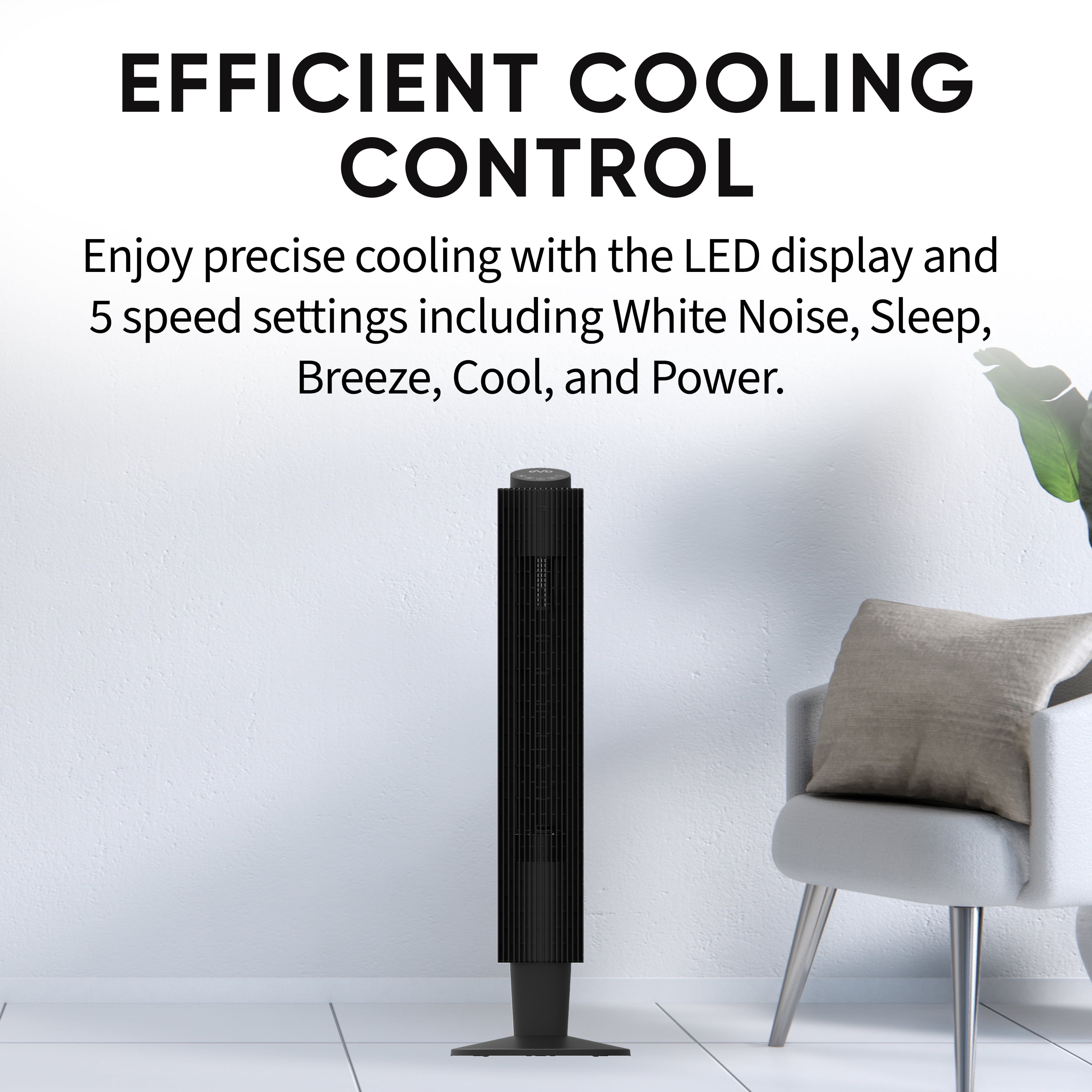 EVO 42" Wi-Fi Electronic Digital Tower Fan (with Remote Control) – 5 Speed Settings, Set Timer From 1-12 Hours, and Built-In Night Light