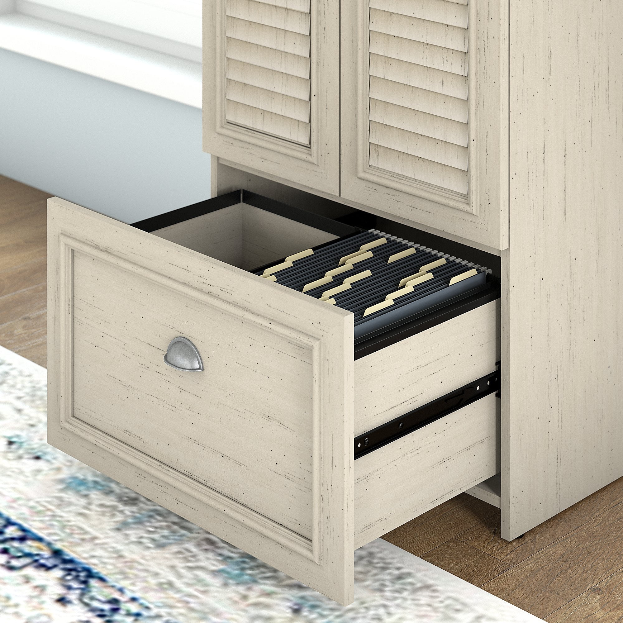 Bush Furniture Fairview Storage Cabinet with Drawer in Antique White and Tea Maple