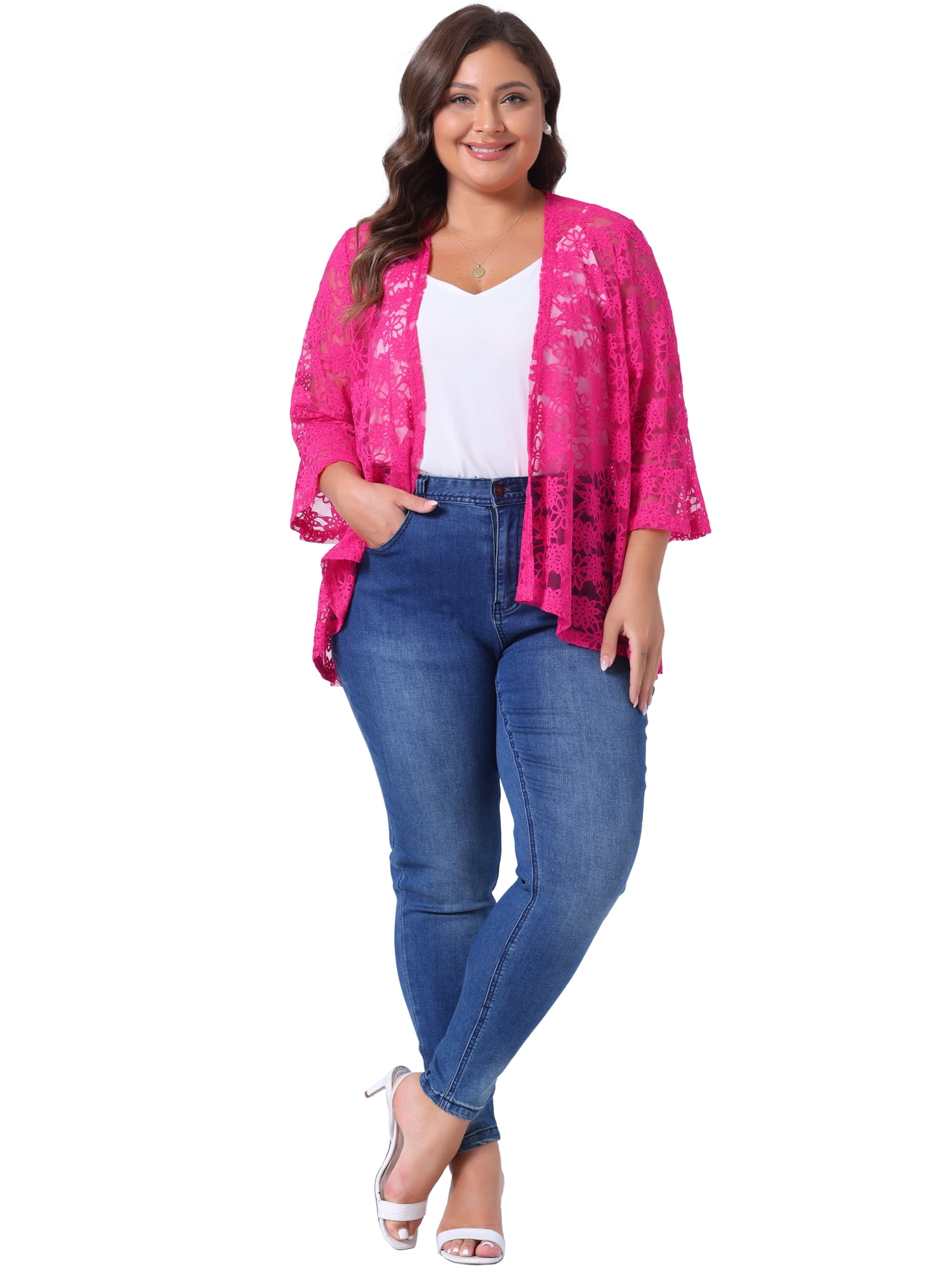 DARING DIVA Women's Plus Size Open Front 3/4 Sleeve Sheer Lace Cardigan L Hot Pink