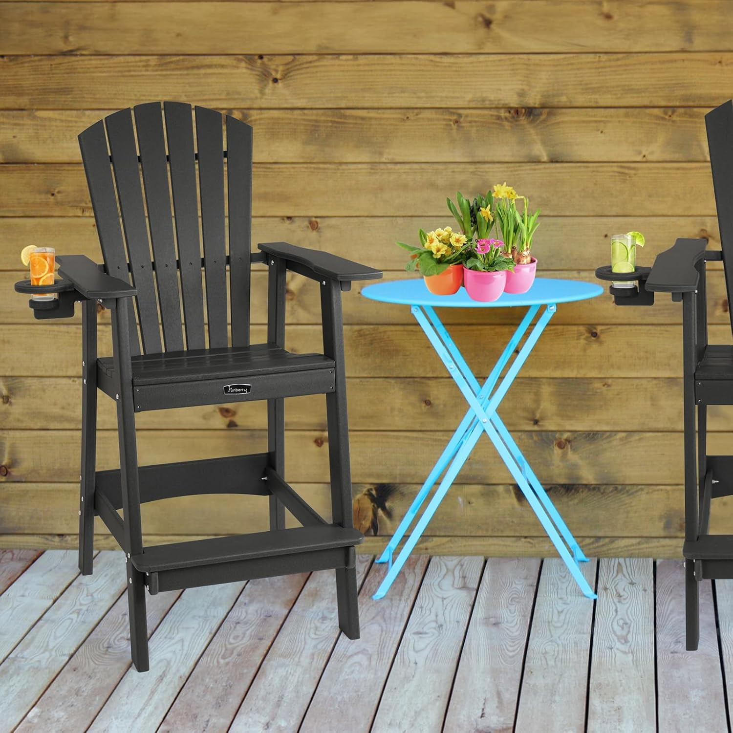 FUNBERRY Tall Adirondack Chairs Set of 2 with Removable Connecting Table, All Weather High Top Balcony Chair with Cup Holders
