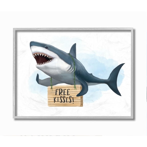 Stupell Industries Nautical Shark Free Kisses Sign Kid's Animal Humor Framed Wall Art Design by Ziwei Li, 11" x 14", Gray Framed