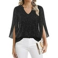 thumbnail image 5 of Nfurl 3/4 Ruffle Sleeve Sparkly Tops for Women Sequin V Neck Blouses Dressy Sheer Mesh Shirts Casual Evening Club Party Concert Shirt Black XL, 5 of 7