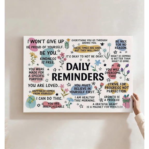 Daily Reminders Positive Affirmations Canvas Wall Art, Boho Floral Motivational Decor, Uplifting Quote Artwork For Bedroom, Office, Bathroom, Ready To Hang8*12inch(20*30cm)