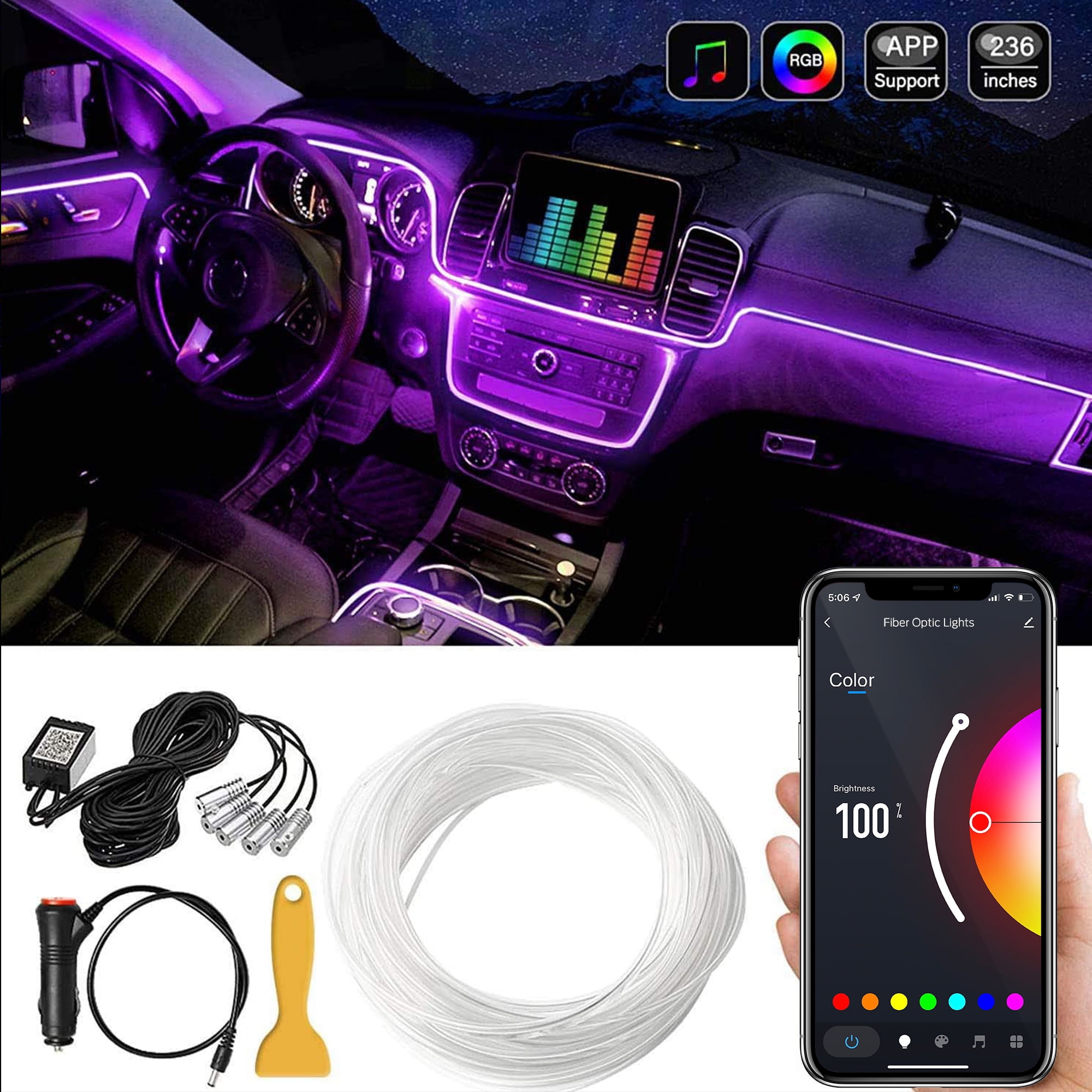 5x RGB LED Car Interior EL Neon Strip Light Sound Active bluetooth Phone 