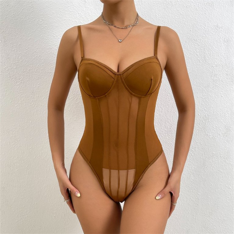 Zuwimk Lingerie For Women Naughty,Women Waist Trainer Shapewear Slim Body  Shaper Deep V Neck Thong Bodysuit Tummy Control Jumpsuit Tops Coffee,XS