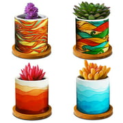 4 Pack Succulent Plant Pots, 3 Inch Ceramic Mandalas Pattern Cylinder Planter & Flower Pots with Drainage Hole, for Flowers, Cactus, Home, Garden, Office Decoration,Color Random