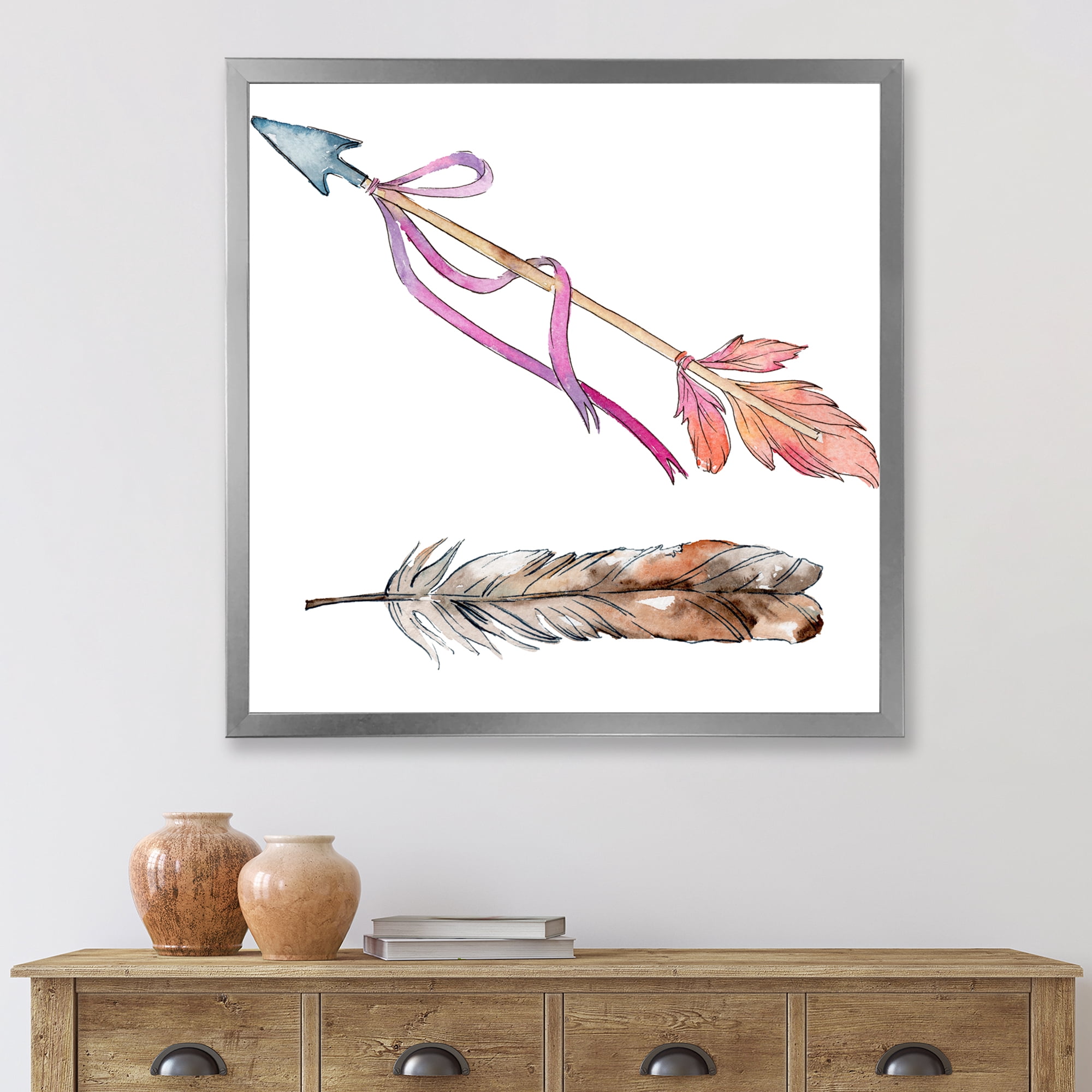 Designart 'Pink Bird Feather From Wing on Arrow' Bohemian & Eclectic Framed Art Print