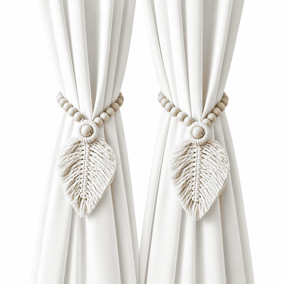 Boho Curtain Tiebacks 2 Pack Wood Bead Tassel Curtain Holdbacks Woven Farmhouse Drapery Tie Backs Holder for Bedroom Home Decoration Natural