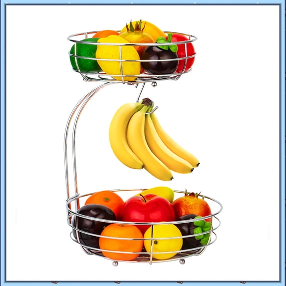 2 Tier Metal Wire Fruit Basket with Banana Hanger, Detachable Bowl for Kitchen Counter, Silver
