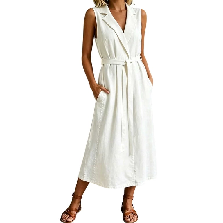 cotton professional dress for women Noric Women's Cotton White Sleeveless Midi Dresses V Neck Lapel Collar  Button Down Casual Business Work Dresses with Belt Pockets