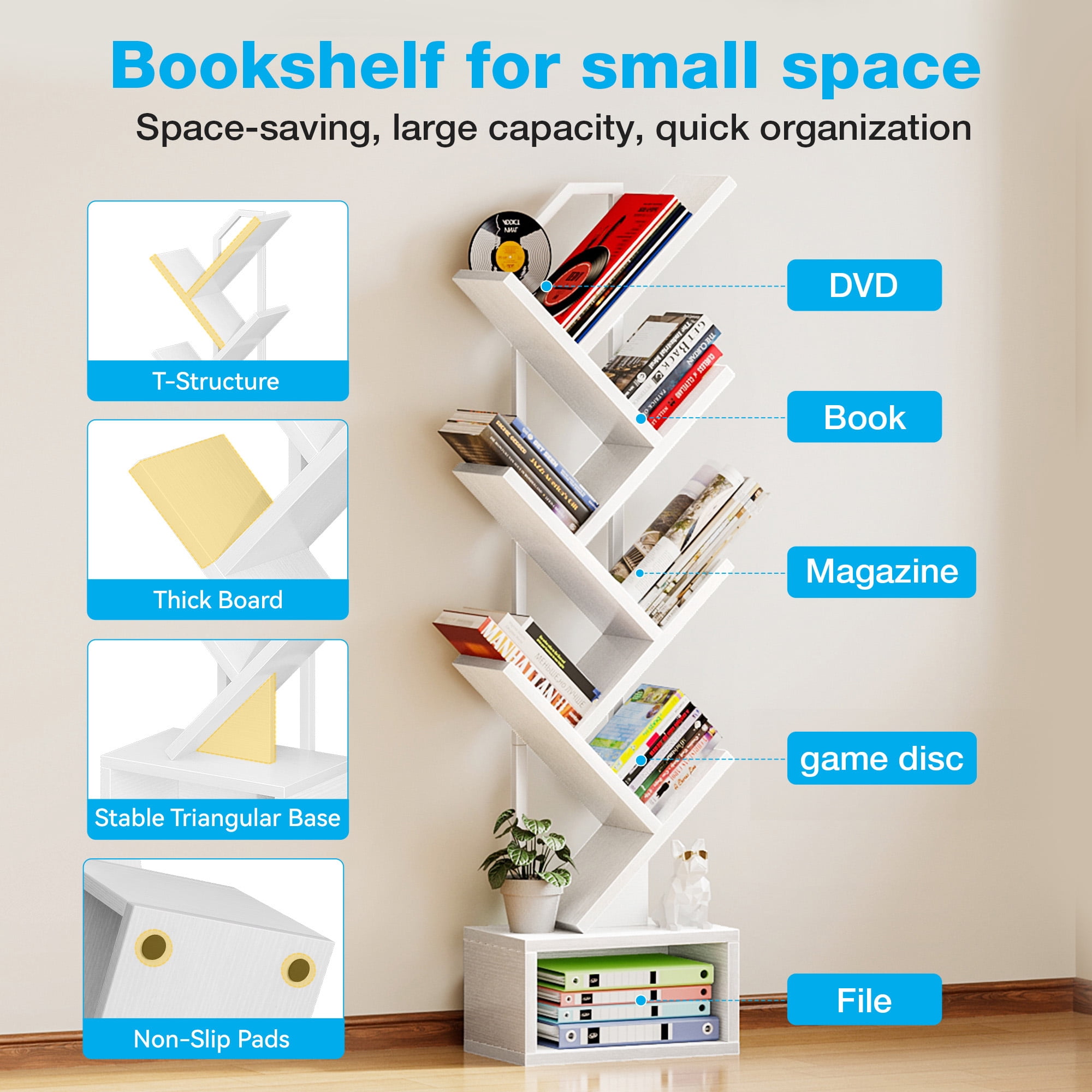 Casacomoda 6-Tier Tree Bookshelf for Corner & Small Space — Narrow Steel & Wood Bookcase, Tall Floor Standing Book Organizer Shelf with Storage Cabinet, Home Decor for Living Room, Bedroom, White