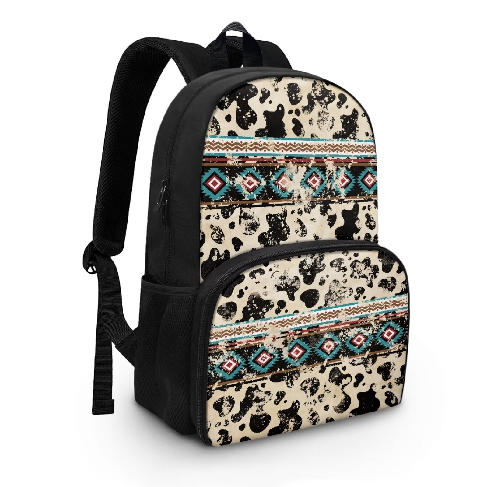 FOR U DESIGNS Soft Lunch Backpack for Women Men, Primary School Bag with Lunch Bag Compartment Aztec Cow Print Book Bag Large Capacity Work Office Daypack