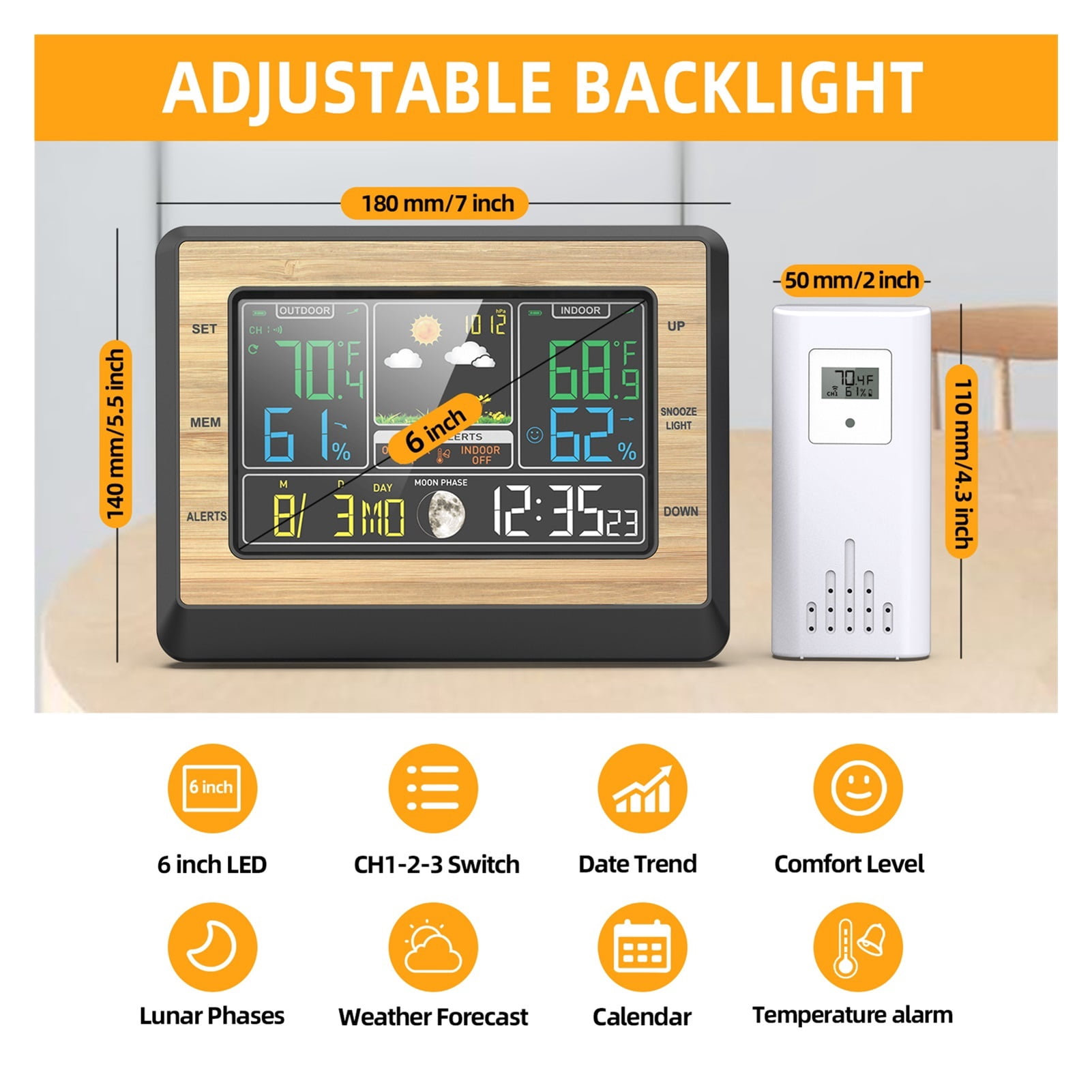 6 Inch Wireless Weather Station, Color Screen Digital Thermometer Monitor