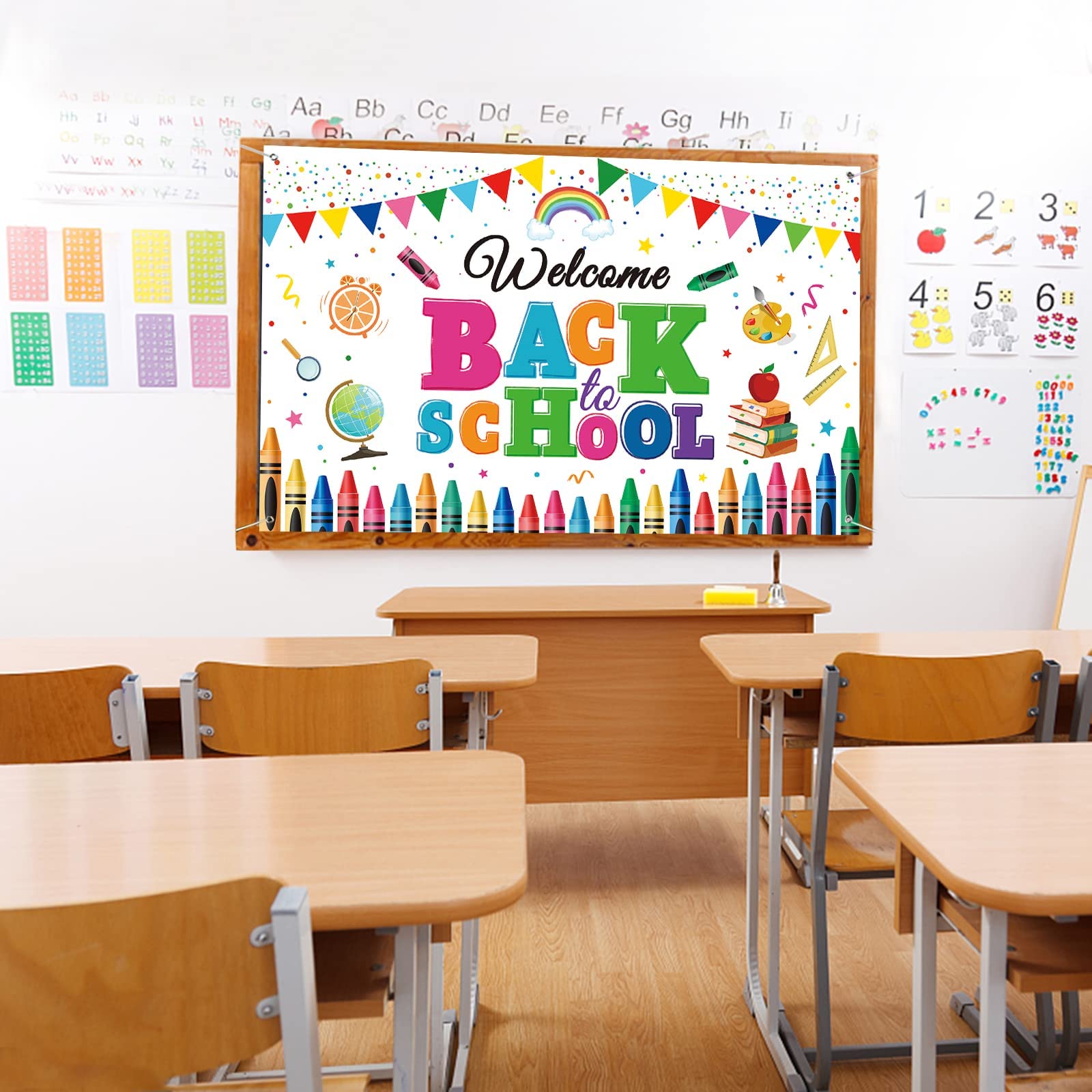 BELECO 7x5ft Fabric Back to School Backdrop Classroom Chalkboard Backdrop  Classroom Photography Background Back to School Party Decorations Banner
