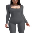thumbnail image 3 of Women Ribbed Knit Yoga Jumpsuits Square Neck Long Sleeve Bodycon Rompers One-Piece Workout Sports Outfits, 3 of 6