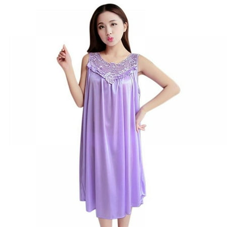 

Women Lingerie Satin Lce Silk Chemise Sleeveless Nightgown Sexy Full Slips Sleepwear Light Purple