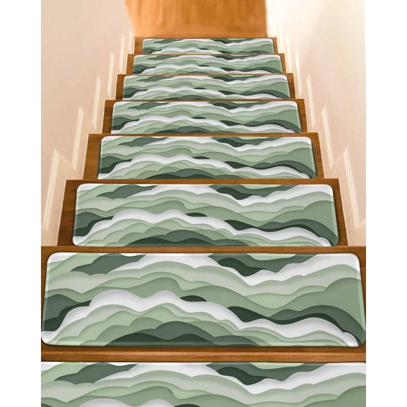 Stair Treads for Wooden Steps, Sage Green Ombre Peel and Stick Stair Treads with Reusable Adhesive, Modern Moire Geometric Abstract Non Slip Indoor Stairs Runner Rugs Mats for Elders Dogs 8"x30" 4PCS