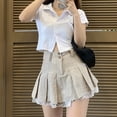 thumbnail image 2 of YEUHTLL Women School Girl Vintage Khaki Mini Pleated Skirt Harajuku Preppy Style Striped Buttons Zipper Double Layer Lace Trim Uniform Streetwear, 2 of 19